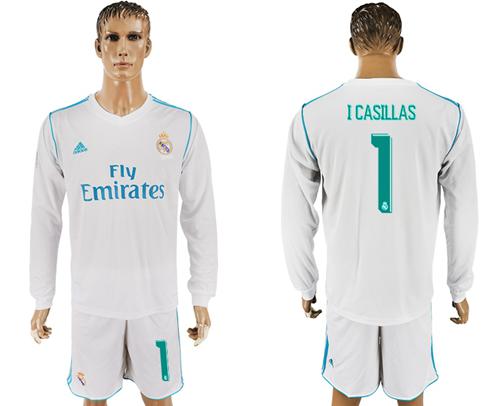 Real Madrid #1 I Casillas White Home Long Sleeve Soccer Club Jersey